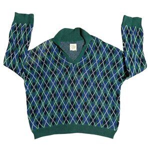 Chaser Men's Large Argyle Pullover Sweater Plaid V Neck Collar Cotton Preppy